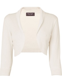 Women's Shawl Collar Bolero, Ivory - pattern: plain; neckline: shawl; style: bolero/shrug; length: cropped; predominant colour: ivory; occasions: casual, evening; fit: slim fit; sleeve length: 3/4 length; sleeve style: standard; pattern type: fabric; texture group: jersey - stretchy/drapey; fibres: viscose/rayon - mix