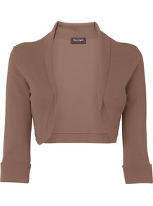 Shawl Collar Bolero, Neutral - pattern: plain; neckline: shawl; style: bolero/shrug; length: cropped; predominant colour: chocolate brown; occasions: casual, evening; fit: slim fit; sleeve length: 3/4 length; sleeve style: standard; pattern type: fabric; texture group: jersey - stretchy/drapey; fibres: viscose/rayon - mix