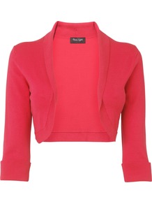 Women's Shawl Collar Bolero, Raspberry - pattern: plain; style: bolero/shrug; collar: shawl/waterfall; length: cropped; fit: slim fit; predominant colour: hot pink; occasions: casual, evening, occasion, holiday; sleeve length: 3/4 length; sleeve style: standard; collar break: low/open; pattern type: fabric; texture group: other - light to midweight; fibres: viscose/rayon - mix