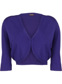 Women's Knitted Shrug, Violet - neckline: v-neck; pattern: plain; style: bolero/shrug; length: cropped; bust detail: buttons at bust (in middle at breastbone)/zip detail at bust; predominant colour: royal blue; occasions: casual, work, occasion; fit: slim fit; sleeve length: half sleeve; sleeve style: standard; texture group: knits/crochet; pattern type: knitted - fine stitch; fibres: viscose/rayon - mix