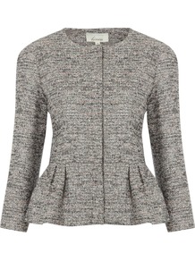 Women's Tweed Jacket, Multi Coloured - pattern: plain; style: single breasted blazer; collar: round collar/collarless; predominant colour: mid grey; occasions: casual, evening, work, occasion; length: standard; fit: tailored/fitted; fibres: cotton - mix; waist detail: peplum detail at waist; sleeve length: 3/4 length; sleeve style: standard; collar break: high; pattern type: fabric; texture group: tweed - light/midweight