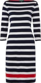 Women's 3/4 Sleeve Ballet Neck Striped Belted Dress, Navy Stripe - style: shift; neckline: slash/boat neckline; pattern: horizontal stripes; secondary colour: white; predominant colour: navy; occasions: casual, work; length: just above the knee; fit: body skimming; fibres: cotton - 100%; sleeve length: 3/4 length; sleeve style: standard; trends: glamorous day shifts; pattern type: fabric; pattern size: standard; texture group: jersey - stretchy/drapey