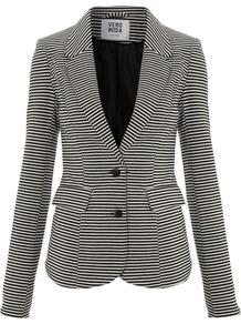 Jersey Blazer, White - pattern: horizontal stripes, pinstripe; style: single breasted blazer; collar: standard lapel/rever collar; occasions: casual, evening, work; length: standard; fit: tailored/fitted; fibres: cotton - mix; waist detail: fitted waist; sleeve length: long sleeve; sleeve style: standard; predominant colour: monochrome; trends: striking stripes; collar break: medium; pattern type: fabric; pattern size: standard; texture group: jersey - stretchy/drapey