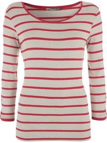 Women's Stripe Tee, Stone - neckline: round neck; pattern: horizontal stripes; length: below the bottom; style: t-shirt; predominant colour: true red; secondary colour: stone; occasions: casual, holiday; fibres: viscose/rayon - stretch; fit: body skimming; sleeve length: 3/4 length; sleeve style: standard; texture group: jersey - clingy; pattern type: fabric; pattern size: small & light