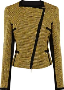 Women's Cotton Tweed Item Jacket, Mustard - pattern: plain, herringbone/tweed; style: biker; bust detail: added detail/embellishment at bust; collar: asymmetric biker; predominant colour: mustard; occasions: casual, evening, work, occasion; length: standard; fit: tailored/fitted; fibres: cotton - mix; waist detail: fitted waist; sleeve length: long sleeve; sleeve style: standard; collar break: high/illusion of break when open; pattern type: fabric; pattern size: small & light; texture group: tweed - light/midweight
