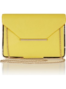 Metal Edge Structured Clutch - predominant colour: yellow; occasions: evening, occasion; type of pattern: standard; style: clutch; length: hand carry; size: small; material: faux leather; pattern: plain; trends: fluorescent; finish: plain; embellishment: chain/metal