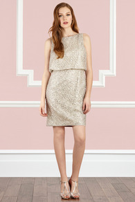 Sonnet Dress - style: shift; length: mid thigh; neckline: slash/boat neckline; fit: tailored/fitted; sleeve style: sleeveless; waist detail: fitted waist; back detail: low cut/open back; predominant colour: stone; occasions: evening, occasion; fibres: polyester/polyamide - 100%; sleeve length: sleeveless; texture group: lace; trends: metallics; pattern type: fabric; pattern size: standard; pattern: patterned/print; embellishment: sequins