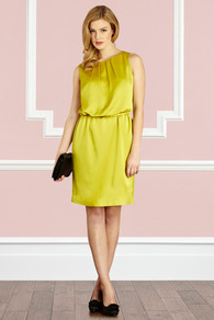 Ferou Dress - style: shift; neckline: round neck; fit: fitted at waist; pattern: plain; sleeve style: sleeveless; waist detail: belted waist/tie at waist/drawstring; predominant colour: yellow; length: just above the knee; fibres: polyester/polyamide - 100%; occasions: occasion; sleeve length: sleeveless; texture group: structured shiny - satin/tafetta/silk etc.; bust detail: tiers/frills/bulky drapes/pleats; pattern type: fabric; pattern size: standard