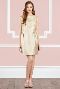 Melle Dress - style: shift; neckline: slash/boat neckline; fit: tailored/fitted; pattern: plain; sleeve style: sleeveless; bust detail: added detail/embellishment at bust; waist detail: twist front waist detail/nipped in at waist on one side/soft pleats/draping/ruching/gathering waist detail; predominant colour: champagne; occasions: evening, occasion; length: just above the knee; fibres: silk - mix; sleeve length: sleeveless; texture group: structured shiny - satin/tafetta/silk etc.; trends: glamorous day shifts; pattern type: fabric; pattern size: standard; embellishment: embroidered