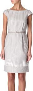 Kerria Dress - style: shift; neckline: slash/boat neckline; sleeve style: capped; fit: tailored/fitted; pattern: horizontal stripes, vertical stripes, pinstripe; waist detail: fitted waist, belted waist/tie at waist/drawstring; predominant colour: light grey; occasions: casual, work, occasion; length: just above the knee; fibres: cotton - mix; hip detail: sculpting darts/pleats/seams at hip; sleeve length: short sleeve; texture group: cotton feel fabrics; trends: glamorous day shifts; pattern type: fabric; pattern size: small & light