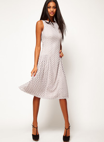 Midi Dress In Crochet Lace - length: below the knee; pattern: plain; sleeve style: sleeveless; predominant colour: light grey; occasions: casual, evening, occasion; fit: fitted at waist & bust; style: fit & flare; fibres: polyester/polyamide - stretch; neckline: crew; sleeve length: sleeveless; texture group: lace; pattern type: fabric