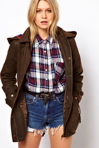 Waxed Hooded Jacket With Check Lined Hood - pattern: plain; length: below the bottom; hip detail: side pockets at hip; style: parka; back detail: hood; collar: high neck; predominant colour: khaki; occasions: casual; fit: straight cut (boxy); fibres: cotton - mix; sleeve length: long sleeve; sleeve style: standard; texture group: waxed cotton; collar break: high; pattern type: fabric; pattern size: standard