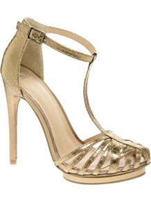 High Voltage Caged Heeled Sandals - predominant colour: gold; occasions: evening, occasion; material: faux leather; heel height: high; embellishment: buckles; ankle detail: ankle strap; heel: platform; toe: open toe/peeptoe; style: strappy; trends: metallics; finish: metallic; pattern: animal print, plain