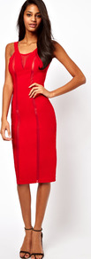 Pencil Dress With Sheer Panelling - length: below the knee; sleeve style: standard vest straps/shoulder straps; fit: tight; pattern: plain; style: bodycon; predominant colour: true red; occasions: evening, occasion; neckline: scoop; fibres: viscose/rayon - stretch; sleeve length: sleeveless; pattern type: fabric; texture group: jersey - stretchy/drapey