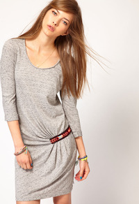 Jersey Dress With Beaded Detail - style: jumper dress; length: mid thigh; pattern: plain; waist detail: belted waist/tie at waist/drawstring; predominant colour: light grey; occasions: casual; fit: body skimming; neckline: scoop; fibres: cotton - 100%; sleeve length: 3/4 length; sleeve style: standard; texture group: jersey - stretchy/drapey; embellishment: beading