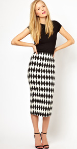 Pencil Skirt In Diamond Jacquard - length: calf length; style: pencil; fit: tight; waist detail: fitted waist; hip detail: fitted at hip; waist: mid/regular rise; secondary colour: white; predominant colour: black; occasions: casual, evening, work, occasion; fibres: polyester/polyamide - stretch; trends: modern geometrics; pattern type: fabric; pattern size: big & busy; pattern: diamonds; texture group: jersey - stretchy/drapey