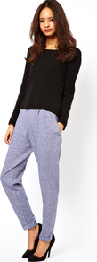 Peg Trousers In Chambray Effect - length: standard; pattern: plain; waist detail: elasticated waist; style: peg leg; pocket detail: pockets at the sides; waist: mid/regular rise; predominant colour: pale blue; occasions: casual, evening; fibres: cotton - 100%; hip detail: front pleats at hip level; jeans & bottoms detail: turn ups; texture group: cotton feel fabrics; fit: tapered; pattern type: fabric