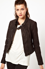 Collarless Leather Jacket - pattern: plain; style: biker; collar: standard biker; fit: slim fit; predominant colour: chocolate brown; occasions: casual, evening, work; length: standard; fibres: leather - 100%; sleeve length: long sleeve; sleeve style: standard; texture group: leather; collar break: high/illusion of break when open; pattern type: fabric; pattern size: standard