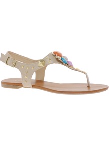 Bichoupan Jewelled Flat Sandals - predominant colour: nude; occasions: casual, holiday; material: faux leather; heel height: flat; embellishment: jewels; ankle detail: ankle strap; heel: standard; toe: open toe/peeptoe; style: flip flops / toe post; finish: plain; pattern: plain