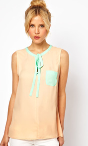 Top With Keyhole Neck And Contrast Trim - neckline: round neck; pattern: plain; sleeve style: sleeveless; secondary colour: turquoise; predominant colour: nude; occasions: casual; length: standard; style: top; fibres: polyester/polyamide - 100%; fit: straight cut; sleeve length: sleeveless; texture group: silky - light; pattern type: fabric; pattern size: standard