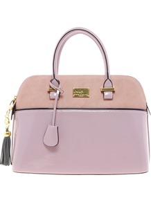 Pauls Boutique Maisy Suede Patent Bag - predominant colour: lilac; occasions: casual, work; type of pattern: standard; style: structured bag; length: handle; size: standard; material: faux leather; embellishment: tassels; pattern: plain, two-tone, colourblock; finish: patent