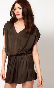 Flippy Dress With Elastic Waist - style: tunic; length: mid thigh; neckline: v-neck; sleeve style: dolman/batwing; fit: fitted at waist; pattern: plain; waist detail: elasticated waist; predominant colour: chocolate brown; occasions: casual; fibres: polyester/polyamide - 100%; sleeve length: short sleeve; texture group: silky - light; pattern type: fabric