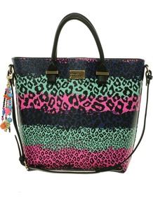 Pauls Boutique Rainbow Leopard Natasha Shopper - occasions: casual, work, holiday; predominant colour: multicoloured; type of pattern: standard; style: tote; length: handle; size: oversized; material: faux leather; embellishment: applique, beading, tassels; pattern: animal print, striped, horizontal stripes; trends: statement prints, fluorescent; finish: plain