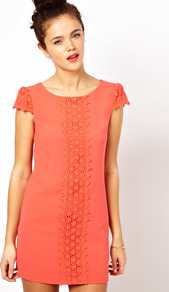 Shift Dress With Embroidery Detail - style: shift; length: mid thigh; neckline: round neck; sleeve style: capped; pattern: plain; predominant colour: bright orange; occasions: casual, evening; fit: straight cut; fibres: polyester/polyamide - stretch; sleeve length: short sleeve; texture group: lace; trends: glamorous day shifts; pattern type: fabric; embellishment: embroidered