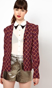 Jacket In Geometric Print - style: single breasted blazer; collar: standard lapel/rever collar; sleeve style: leg o mutton; secondary colour: purple; predominant colour: bright orange; occasions: casual, evening; length: standard; fit: straight cut (boxy); fibres: polyester/polyamide - 100%; shoulder detail: structured/bulky pleats/bulky detail at shoulder; sleeve length: long sleeve; trends: modern geometrics; collar break: low/open; pattern type: fabric; pattern size: standard; pattern: patterned/print; texture group: woven light midweight