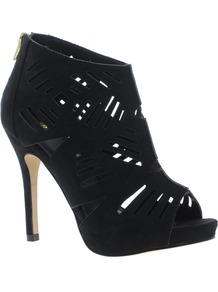 Tilly Peep Toe Shoe Boots - predominant colour: black; occasions: casual, evening, occasion; material: faux leather; heel height: high; embellishment: embroidered; heel: stiletto; toe: open toe/peeptoe; boot length: shoe boot; style: standard; finish: plain; pattern: plain