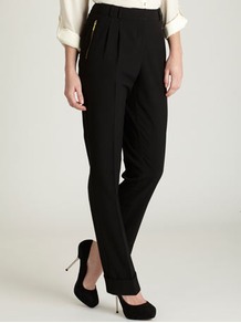 Black Zip Tapered Trousers - length: standard; pattern: plain; style: peg leg; waist: high rise; pocket detail: pockets at the sides; predominant colour: black; occasions: casual, evening, work; fibres: polyester/polyamide - 100%; hip detail: front pleats at hip level; texture group: denim; fit: tapered; pattern type: fabric