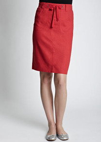 Red Linen Blend Skirt - pattern: plain; style: straight; waist detail: belted waist/tie at waist/drawstring; waist: mid/regular rise; predominant colour: true red; occasions: casual, evening, work; length: just above the knee; fibres: linen - mix; texture group: linen; fit: straight cut; pattern type: fabric