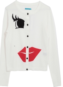 Face Cardigan - neckline: round neck; hip detail: fitted at hip; bust detail: buttons at bust (in middle at breastbone)/zip detail at bust, contrast pattern/fabric/detail at bust; predominant colour: white; occasions: casual, holiday; length: standard; style: standard; fibres: nylon - mix; fit: standard fit; sleeve length: long sleeve; sleeve style: standard; texture group: knits/crochet; trends: statement prints; pattern type: knitted - other; pattern size: big & light; pattern: patterned/print