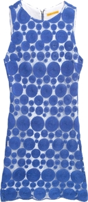 Dot Sleeveless Shift Dress - style: shift; length: mid thigh; neckline: round neck; fit: tailored/fitted; sleeve style: sleeveless; waist detail: fitted waist; pattern: polka dot, patterned/print; hip detail: fitted at hip; predominant colour: indigo; occasions: casual, evening, holiday; fibres: silk - mix; sleeve length: sleeveless; texture group: lace; trends: statement prints, glamorous day shifts; pattern type: fabric; pattern size: big & busy