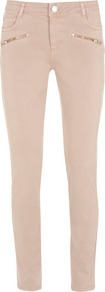 Shell Pink Zip Hip Jeans - style: skinny leg; length: standard; pattern: plain; pocket detail: traditional 5 pocket; waist: mid/regular rise; predominant colour: blush; occasions: casual; fibres: cotton - stretch; texture group: denim; pattern type: fabric; pattern size: standard