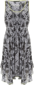 Bella Print Dress - neckline: round neck; sleeve style: sleeveless; waist detail: fitted waist; secondary colour: charcoal; predominant colour: light grey; occasions: casual, evening; length: just above the knee; fit: body skimming; style: asymmetric (hem); fibres: viscose/rayon - 100%; sleeve length: sleeveless; texture group: sheer fabrics/chiffon/organza etc.; pattern type: fabric; pattern size: small & busy; pattern: patterned/print