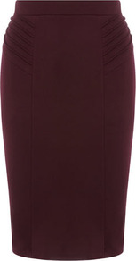 Wine Pinstitch Pencil Skirt - pattern: plain; style: pencil; fit: tailored/fitted; waist detail: fitted waist, narrow waistband; waist: high rise; hip detail: fitted at hip, structured pleats at hip, sculpting darts/pleats/seams at hip; predominant colour: aubergine; occasions: casual, evening, work; length: just above the knee; fibres: polyester/polyamide - mix; texture group: jersey - clingy; pattern type: fabric; pattern size: standard
