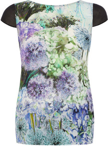 Purple Carnation Print Top - neckline: round neck; sleeve style: capped; style: t-shirt; back detail: low cut/open back, contrast pattern/fabric at back, sheer fabric at back; shoulder detail: contrast pattern/fabric at shoulder, added shoulder detail; predominant colour: lilac; occasions: casual, evening; length: standard; fibres: polyester/polyamide - 100%; fit: body skimming; sleeve length: short sleeve; texture group: sheer fabrics/chiffon/organza etc.; trends: high impact florals; pattern type: fabric; pattern size: big & busy; pattern: florals