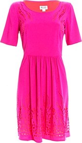 Mini Diaghilev Dress Fuschia - style: shift; neckline: round neck; pattern: plain; predominant colour: hot pink; occasions: casual, evening, holiday; length: just above the knee; fit: body skimming; fibres: silk - 100%; hip detail: structured pleats at hip; sleeve length: short sleeve; sleeve style: standard; texture group: sheer fabrics/chiffon/organza etc.; trends: fluorescent; pattern type: fabric; pattern size: small & light