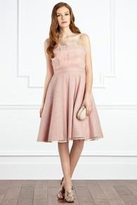 Henriette Dress - length: below the knee; neckline: strapless (straight/sweetheart); pattern: plain; style: prom dress; sleeve style: strapless; waist detail: fitted waist; predominant colour: blush; occasions: evening, occasion; fit: fitted at waist & bust; fibres: polyester/polyamide - 100%; hip detail: structured pleats at hip; sleeve length: sleeveless; texture group: sheer fabrics/chiffon/organza etc.; bust detail: tiers/frills/bulky drapes/pleats; pattern type: fabric; pattern size: standard