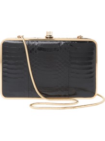Yasmine Clutch Handbag - predominant colour: black; occasions: evening, occasion; type of pattern: standard; style: clutch; length: hand carry; size: small; material: leather; pattern: animal print, plain; finish: patent; embellishment: chain/metal