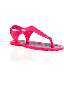 Neon Pink Rubber Studded Thongs - predominant colour: hot pink; occasions: casual, holiday; material: plastic/rubber; heel height: flat; embellishment: studs; ankle detail: ankle strap; heel: standard; toe: toe thongs; style: flip flops / toe post; trends: fluorescent; finish: fluorescent; pattern: plain