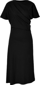Black Draped Side Short Sleeve Cotton Dress - style: shift; length: calf length; pattern: plain; fit: bias; sleeve style: asymmetric sleeve; neckline: asymmetric; predominant colour: black; occasions: casual, evening, work; fibres: cotton - 100%; sleeve length: short sleeve; texture group: cotton feel fabrics; pattern type: fabric
