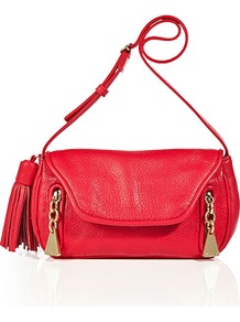 Lipstick Textured Leather Tasseled Shoulder Bag - predominant colour: true red; occasions: casual, evening, work, holiday; style: shoulder; length: shoulder (tucks under arm); size: small; material: leather; embellishment: tassels, zips, chain/metal; pattern: plain; finish: plain