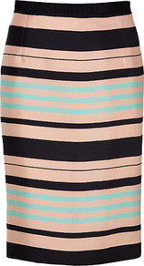 Mint/Peach/Black Silk Skirt - pattern: horizontal stripes; style: pencil; fit: tailored/fitted; waist: high rise; secondary colour: blush; occasions: evening, work, occasion; length: on the knee; fibres: silk - 100%; predominant colour: multicoloured; texture group: structured shiny - satin/tafetta/silk etc.; trends: striking stripes; pattern type: fabric; pattern size: standard