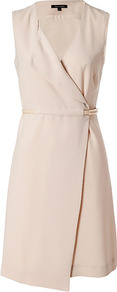 Sand Wrap Dress - style: faux wrap/wrap; neckline: low v-neck; fit: tailored/fitted; pattern: plain; sleeve style: sleeveless; waist detail: fitted waist, belted waist/tie at waist/drawstring; predominant colour: stone; occasions: casual, work, occasion, holiday; length: just above the knee; fibres: polyester/polyamide - mix; sleeve length: sleeveless; texture group: crepes; trends: glamorous day shifts; pattern type: fabric