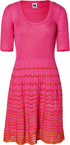 Hot Pink Cotton Blend Knit Dress - neckline: round neck; pattern: plain; predominant colour: pink; secondary colour: bright orange; occasions: casual, holiday; length: just above the knee; fit: fitted at waist & bust; style: fit & flare; hip detail: soft pleats at hip/draping at hip/flared at hip; sleeve length: short sleeve; sleeve style: standard; texture group: knits/crochet; trends: fluorescent; pattern type: knitted - other; pattern size: standard; fibres: viscose/rayon - mix
