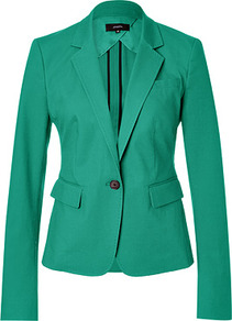 Emerald Cotton Blazer - pattern: plain; style: single breasted blazer; collar: standard lapel/rever collar; predominant colour: emerald green; occasions: evening, work, occasion; length: standard; fit: tailored/fitted; fibres: cotton - stretch; sleeve length: long sleeve; sleeve style: standard; texture group: structured shiny - satin/tafetta/silk etc.; collar break: medium; pattern type: fabric