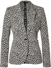 Beige/Black Spotted Blazer - style: single breasted blazer; collar: standard lapel/rever collar; secondary colour: ivory; predominant colour: mid grey; occasions: casual, evening; length: standard; fit: tailored/fitted; fibres: polyester/polyamide - mix; sleeve length: long sleeve; sleeve style: standard; collar break: low/open; pattern type: fabric; pattern size: small & busy; pattern: animal print; texture group: woven light midweight