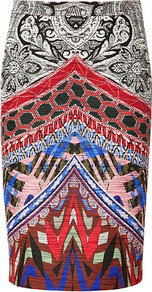 Lipstick Red Multi Print Cotton Silk Pencil Skirt - style: pencil; fit: tailored/fitted; waist: mid/regular rise; secondary colour: true red; predominant colour: black; occasions: evening, work, occasion; length: just above the knee; fibres: cotton - mix; texture group: cotton feel fabrics; trends: statement prints; pattern type: fabric; pattern size: standard; pattern: patterned/print